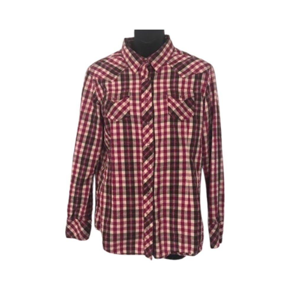 Ariat Plaid Western Shirt Long Sleeve Pearl Snap Button Up Burgundy Cream Size L